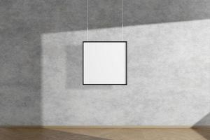 Square mock up picture frame in black hanging on concrete wall simple interior dark room light and shadow of the window. 3D rendering photo