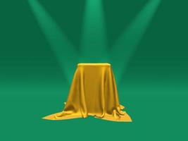 Podium, pedestal or platform covered with gold cloth illuminated by spotlights on green background. Abstract illustration of simple geometric shapes. 3D rendering. photo