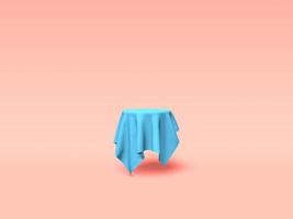 Podium, pedestal or platform covered with blue cloth on pink background. Abstract illustration of simple geometric shapes. 3D rendering. photo