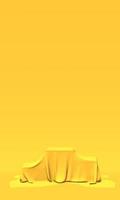 Podium, pedestal or platform covered with gold cloth on yellow background. Abstract illustration of simple geometric shapes. 3D rendering. photo