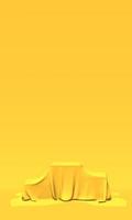 Podium, pedestal or platform covered with gold cloth on yellow background. Abstract illustration of simple geometric shapes. 3D rendering. photo