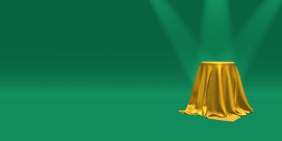 Podium, pedestal or platform covered with gold cloth illuminated by spotlights on green background. Abstract illustration of simple geometric shapes. 3D rendering. photo