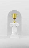 Abstract podium column with a golden trophy on the white background with arch. The victory pedestal is a minimalist concept. 3D rendering. photo