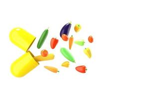 Fresh vegetables fly out of the pill. Conceptual illustration of nutritional supplements with empty space for text. 3D rendering. photo