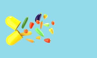 Fresh vegetables fly out of the pill. Conceptual illustration of nutritional supplements with empty space for text. 3D rendering. photo