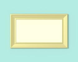 1x2 Horizontal landscape frame mockup. Realisitc paper, wooden or plastic gold blank for photographs. Isolated poster frame mock up template on blue green background. 3D render. photo