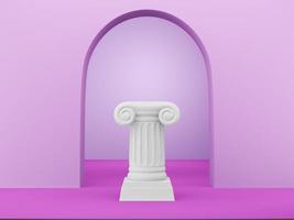 columna de podio abstracta sobre el fondo fucsia con arco. el pedestal de la victoria es un concepto minimalista. representación 3d foto