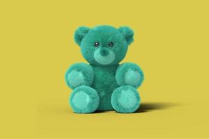 Blue toy bear is sitting on the floor on a yellow background. Abstract image. Minimal concept toys business. 3D render. photo