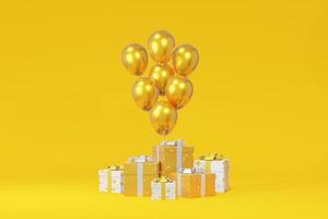 Festive gift box presentation, balloon yellow background. Advertising store sale. Concept black friday, christmas, new year. 3D rendering photo