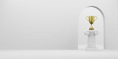 Abstract podium column with a golden trophy on the white background with arch. The victory pedestal is a minimalist concept. Free space for text. 3D rendering. photo