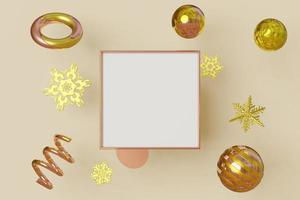 marco de imagen de maqueta cuadrada el color dorado vuela sobre fondo crema con copo de nieve metálico en forma geométrica. concepto abstracto de movimiento multicolor. representación 3d foto