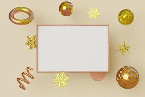 Horizontal mockup picture frame gold color flies on cream background with metallic snowflake in geometric shape. Abstract multicolored motion concept. 3D rendering photo