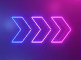 Neon glowing arrow, pointer abstract blue and pink background. 3d rendering photo