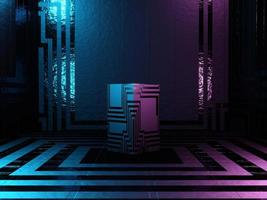 Abstract podium, pedestal or platform - a cube with Sci-Fi texture on a dark futuristic background. The concept of the city or the interior of the future. 3d rendering photo