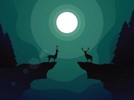 silueta de ciervo en un acantilado por la noche, luna por la noche, atmósfera nocturna, fondo de ciervo por la noche, silueta de la luna vector