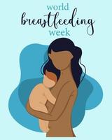 World breastfeeding week vector illustration. A brunette woman holds a blonde baby in her arms. Mother and child. The girl protects the newborn. Motherhood and childhood. Flat style.