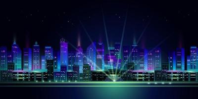 Night City Panorama with Neon Glow on Dark Background. Vector. vector