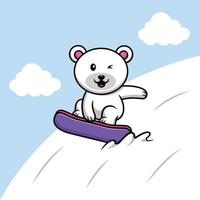 Ilustración de icono de vector de dibujos animados de snowboard de oso polar lindo. concepto de icono de deporte animal vector premium aislado. estilo de dibujos animados plana