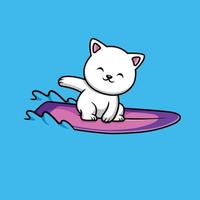lindo gato surfeando con la ilustración de icono de vector de dibujos animados de tabla de surf. concepto de icono de deporte animal vector premium aislado. estilo de dibujos animados plana