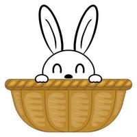 Cute rabbit and easter eggs in basket.