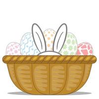 Cute rabbit and easter eggs in basket.