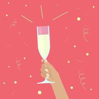 Human hand holding a glass of champagne. Postcard for the holiday New Year, Christmas, wedding day. vector