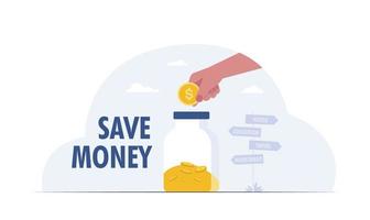 ahorrar dinero mano poner moneda poner vidrio. crecimiento, ingresos, ahorros, inversión. ilustración vectorial vector