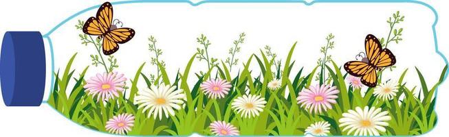 Save planet concept with flower field and butterfly in plastic bottle vector