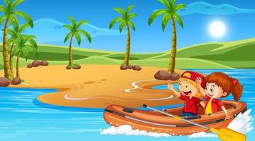 Beach scenery with children in inflatable boat vector