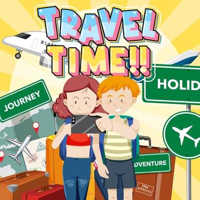 Travel Time banner with cartoon travelers couple