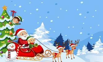 Christmas santa claus on sleigh with friends on snowy blue background vector