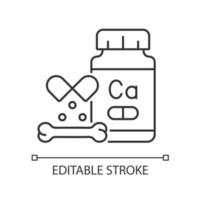 Calcium supplements linear icon. Osteoporosis prevention medication. Vegan and lactose intolerant. Thin line customizable illustration. Contour symbol. Vector isolated outline drawing. Editable stroke