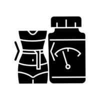 Supplements for weight loss black glyph icon. Dietary snacks. Weight management treatment. Pills for staying healthy and fit. Silhouette symbol on white space. Vector isolated illustration