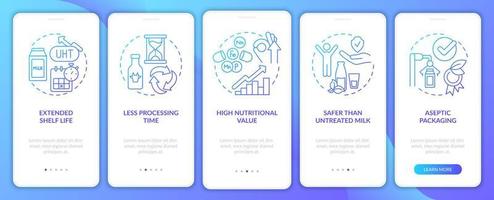 Advantages of UHT milk blue gradient onboarding mobile app screen. Walkthrough 5 steps graphic instructions pages with linear concepts. UI, UX, GUI template. Myriad Pro-Bold, Regular fonts used vector