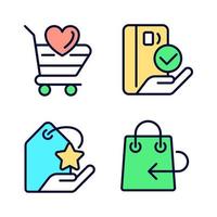 Special offer for customers pixel perfect RGB color icons set. Return policy. Pay with credit card. Isolated vector illustrations. Simple filled line drawings collection. Editable stroke