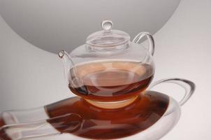Transparent glass teapot and cup with tea photo