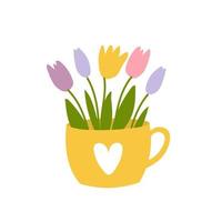 Hand drawn tulips bouquet in yellow cup. Spring flowers in pastel colors. Template for greeting card, invitation, banner, print, postcard vector