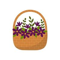 Wicker basket with purple flowers. Flat style. vector