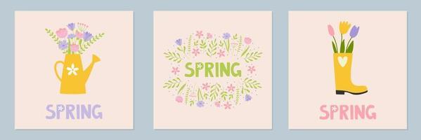 Set of spring mood posters template. Welcome spring season greeting card. Minimalist postcards with cute cartoon elements and lettering. Doodle flat style vector