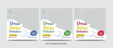 Travel and vacation square social media banner post template with brush stroke. Travel agency ads banner. Modern travel social media vector