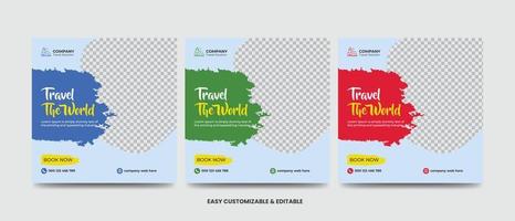 Travel and vacation square social media banner post template with brush stroke. Travel agency ads banner. Modern travel social media vector