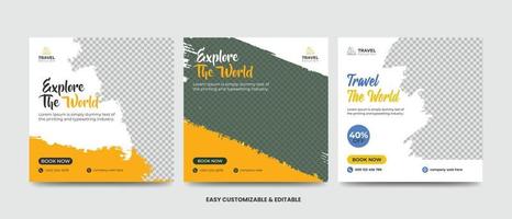 Travel and vacation square social media banner post template with brush stroke. Travel agency ads banner vector