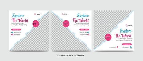 Travel and vacation square social media banner post template with brush stroke. Travel agency ads banner vector