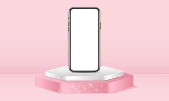 Realistic smartphone mockup with front view, Device UI UX mockup blank screen, Frame less smartphone, vector illustration for your visual app demonstration. 3d Podium