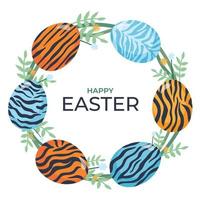 Vector flat style easter wreath with tiger symbol of the year eggs, leaves and flowers.