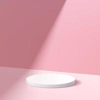 White cylinder platform podium. Window lighting. Abstract pastel pink color minimal wall scene. Geometric pedestal with shadow. Vector rendering 3d shape for cosmetic product display presentation.