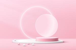 Sweet pink, white cylinder pedestal podium. Geometric shape platform. Circle neon backdrop. Minimal wall scene. Pastel color abstract room. Vector rendering 3d geometric shape for product presentation