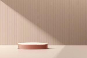 Dark pink cylinder platform podium in minimal style. Window lighting. Beige color abstract wall scene. Geometric pedestal with shadow. Vector rendering 3d shape for Product display presentation.