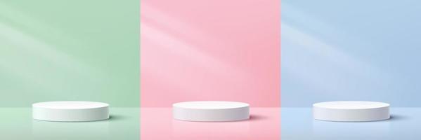 conjunto de podio de pedestal de cilindro blanco y gris. diseño de colección de plataforma verde pastel, azul y rosa. representación vectorial de forma 3d. presentación de exhibición de productos cosméticos. escena de pared mínima abstracta.