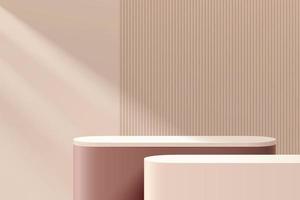 Brown, beige color round corner cube pedestal podium. Geometric platform. Vertical line texture. Abstract cream minimal wall scene. Vector rendering 3d shape for cosmetic product display presentation.